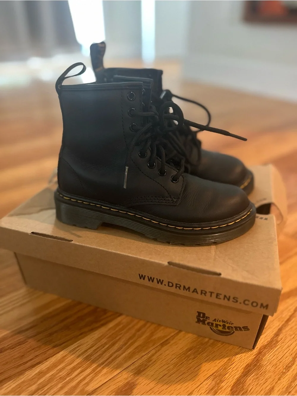Kids Dr. Martens Black Leather 8-Eye Lace-Up Boots with Yellow Stitching